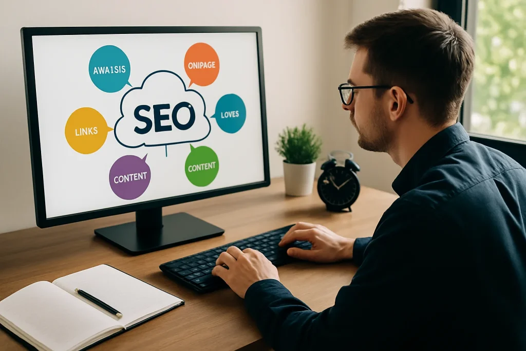 Joven profesional analizando gráficos y datos y Guia SEO en un ordenador portátil para optimizar el posicionamiento web