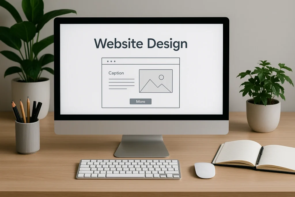 Estación de trabajo moderna con ordenador mostrando diseño web en pantalla en la gestión de páginas web
