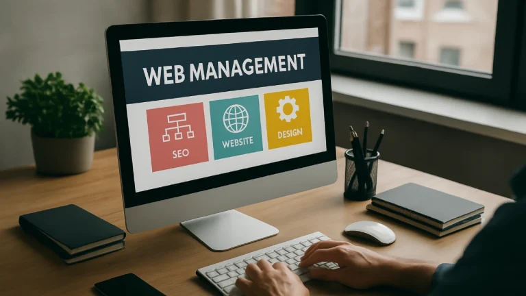 Profesional gestionando una página web desde su escritorio moderno