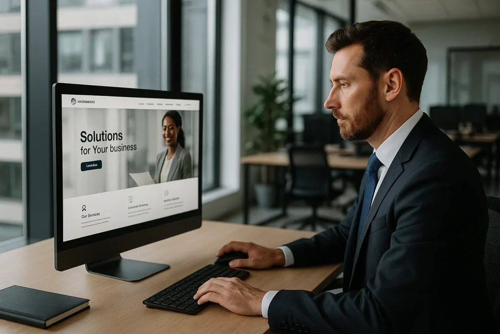 Cuánto cuesta una página web en WordPress, hombre usando computador en la empresa