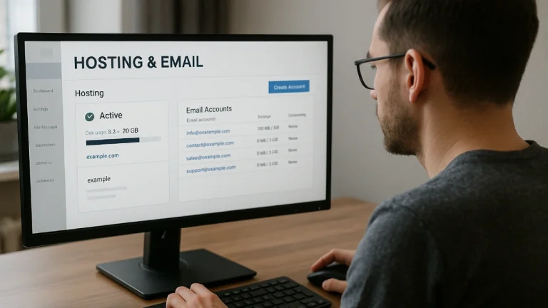 hombre frente computador trabajando el hosting y correo profesional en ewardsolution
