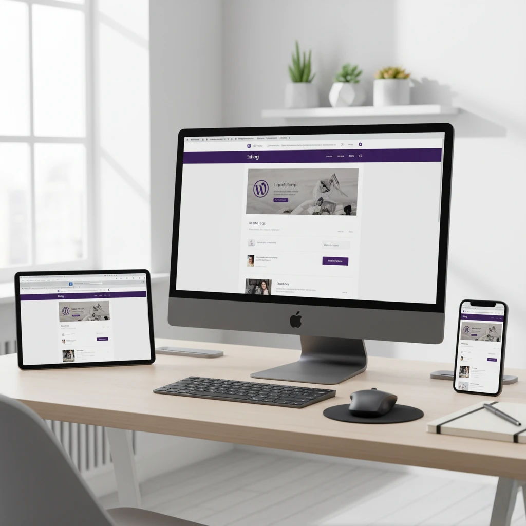 Ecrãs de computador, tablet e smartphone a mostrar websites WordPress responsivos desenvolvidos pela EwardSolution no Algarve