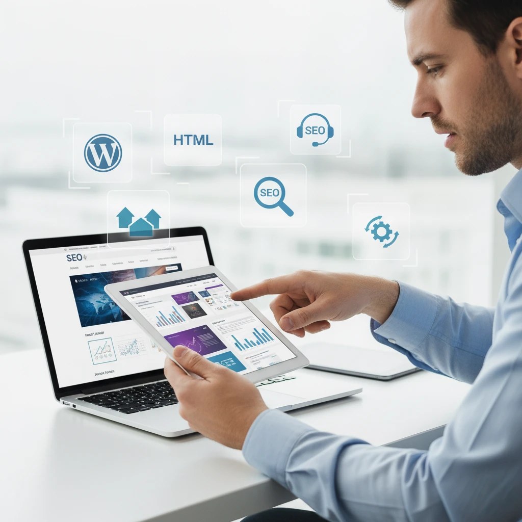 Consultor digital da EwardSolution a apresentar soluções de criação de sites WordPress, HTML e SEO em Algarve”