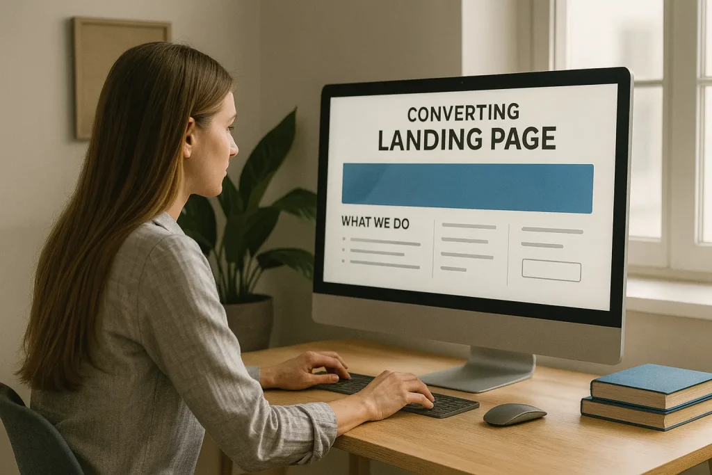 mulher em computador na agencia Ewardsolution com a Criação de Sites WordPress no Algarve
