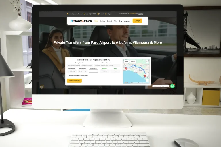 Private Faro Airport Transfers. projeto rplustransfer com sistema de reservas personalizado com cálculo automático de distância via Google Maps, desenvolvido pela EwardSolution