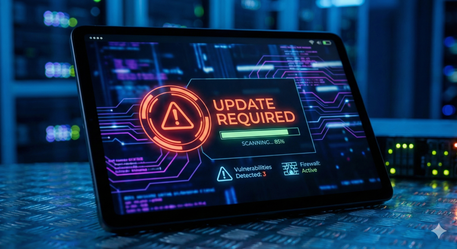 Interface digital a mostrar alerta de atualização e segurança para sites WordPress desatualizados - EwardSolution