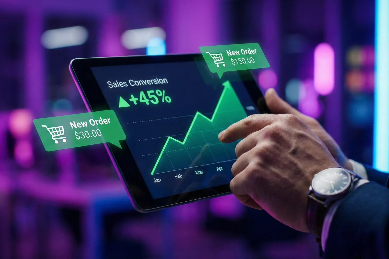 Gráfico de conversão de vendas em tablet mostrando resultados de campanhas de Google Ads e Facebook Ads - EwardSolution