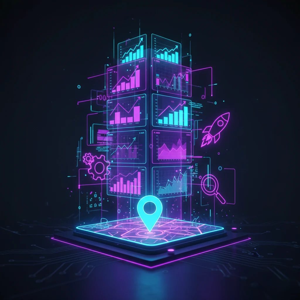 Ilustração vertical 3D a mostrar o crescimento de tráfego e posicionamento web em painel digital e telemóvel - EwardSolution