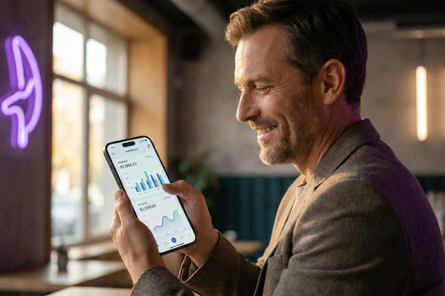 Empresário a gerir o seu negócio através de uma aplicação móvel personalizada para iOS e Android - EwardSolution