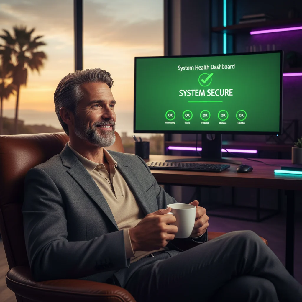 Empresário tranquilo com o suporte técnico e gestão do seu site garantidos pela EwardSolution