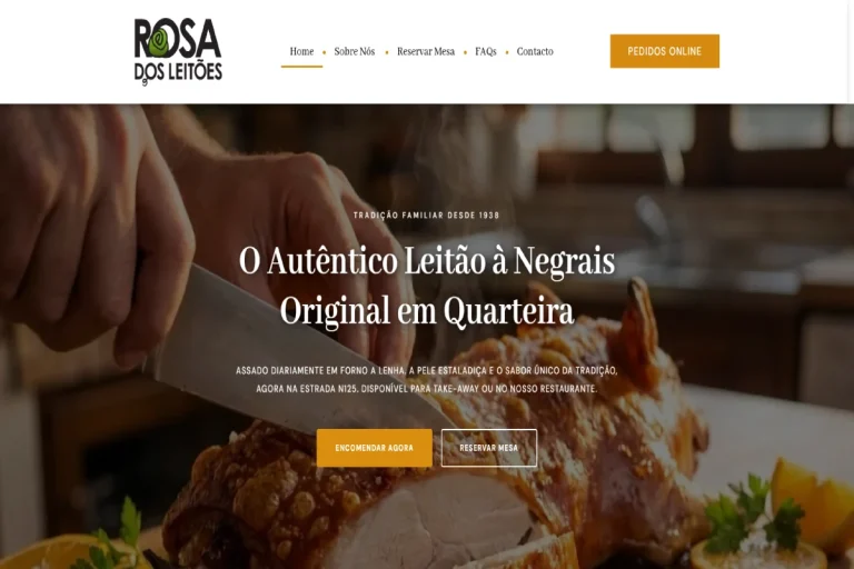 Hero section do website Rosa dos Leitões em Quarteira, exibindo o autêntico Leitão à Negrais assado em forno a lenha com botões de reserva e encomenda online.