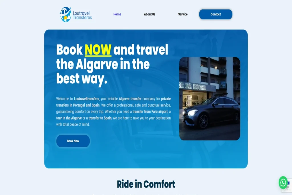 Homepage institucional com destaque "Book Now" para serviços de transfer privado entre Portugal e Espanha.