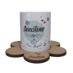 Caneca "Auxiliar - Com Alegria" com base em forma de flor em mdf