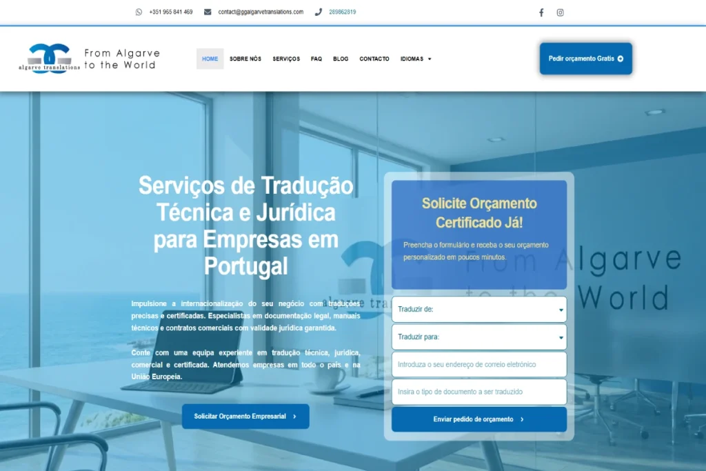 capture da home do projecto ggalgarvetranslations desenvovido pela ewardsolution