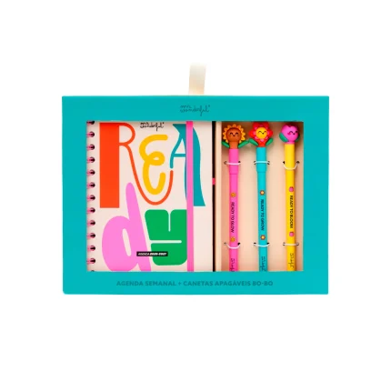 Conjunto agenda Mr. Wonderful pequena 2026-27 Semanal + 3 canetas apagáveis Bo-Bo - Ready