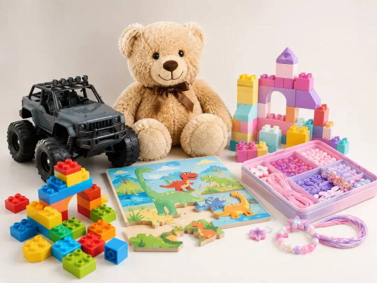 Brinquedos variados com peluche, carro, blocos, puzzle e acessórios criativos