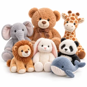 Peluches macios e coloridos para crianças