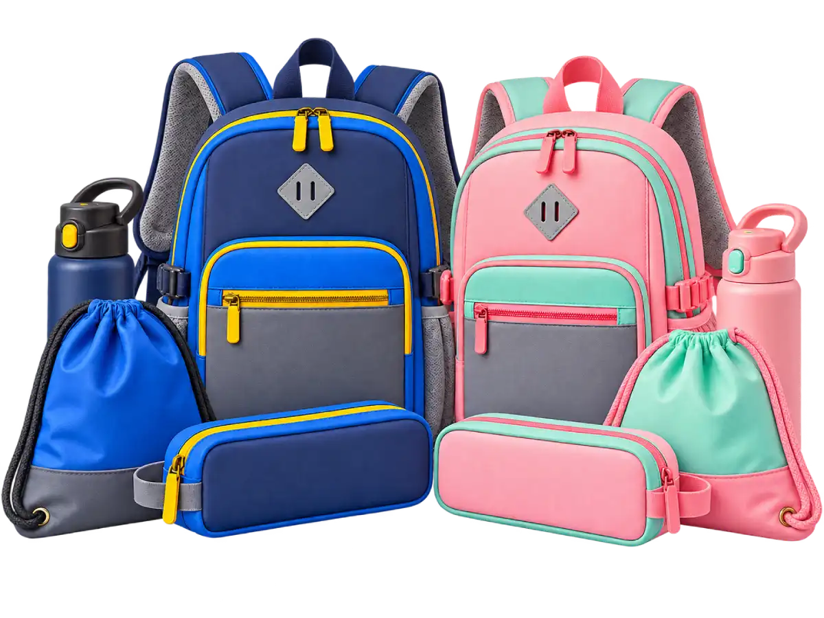 Mochilas e acessórios escolares em cores variadas com estojos, cadernos e material escolar