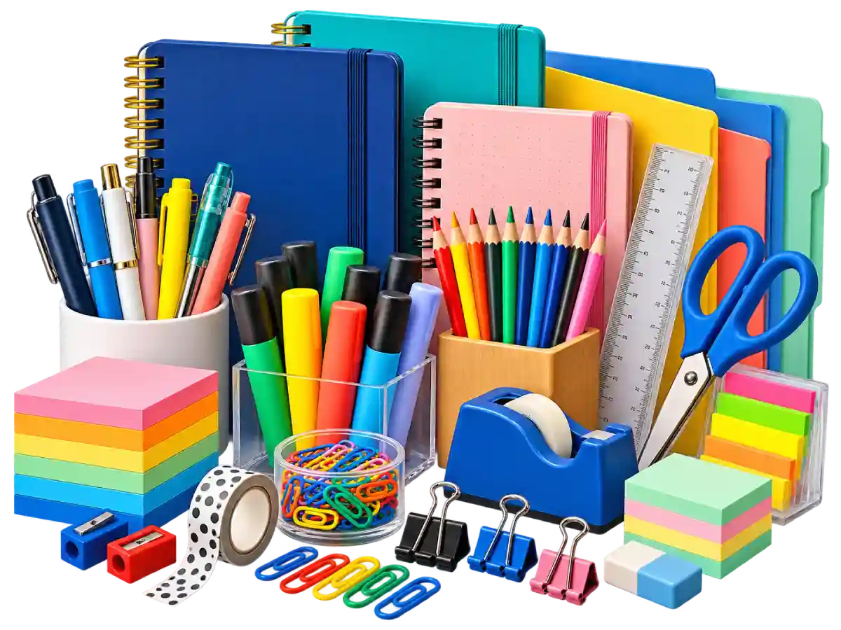 Artigos de papelaria com cadernos, canetas, marcadores e material escolar variado